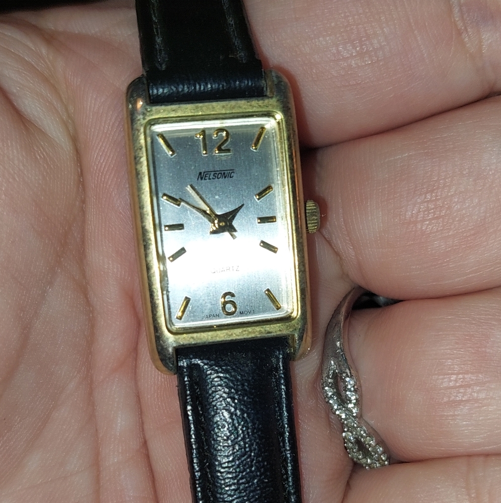 Nelsonic Gold and Black Leather Watch